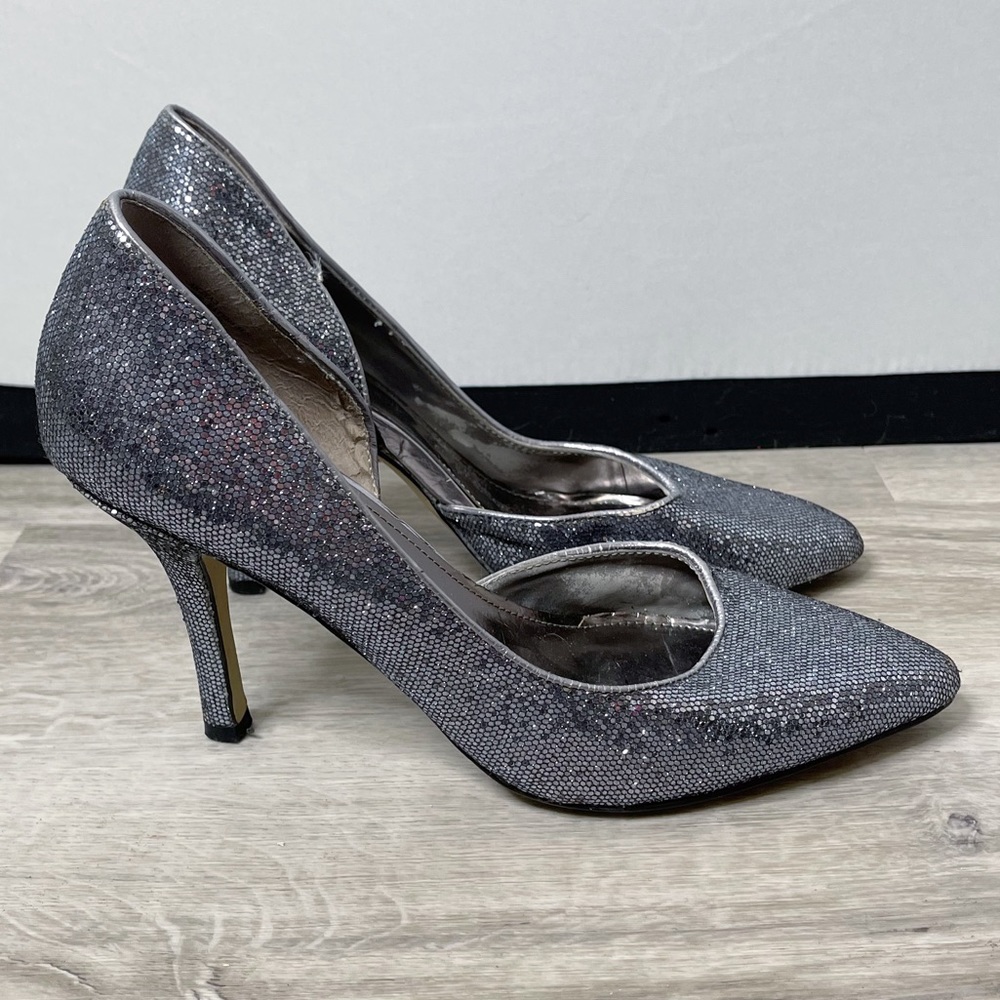 Anne Klein Zya Glitter Silver Pewter Gray D'orsey Pump Heel 7